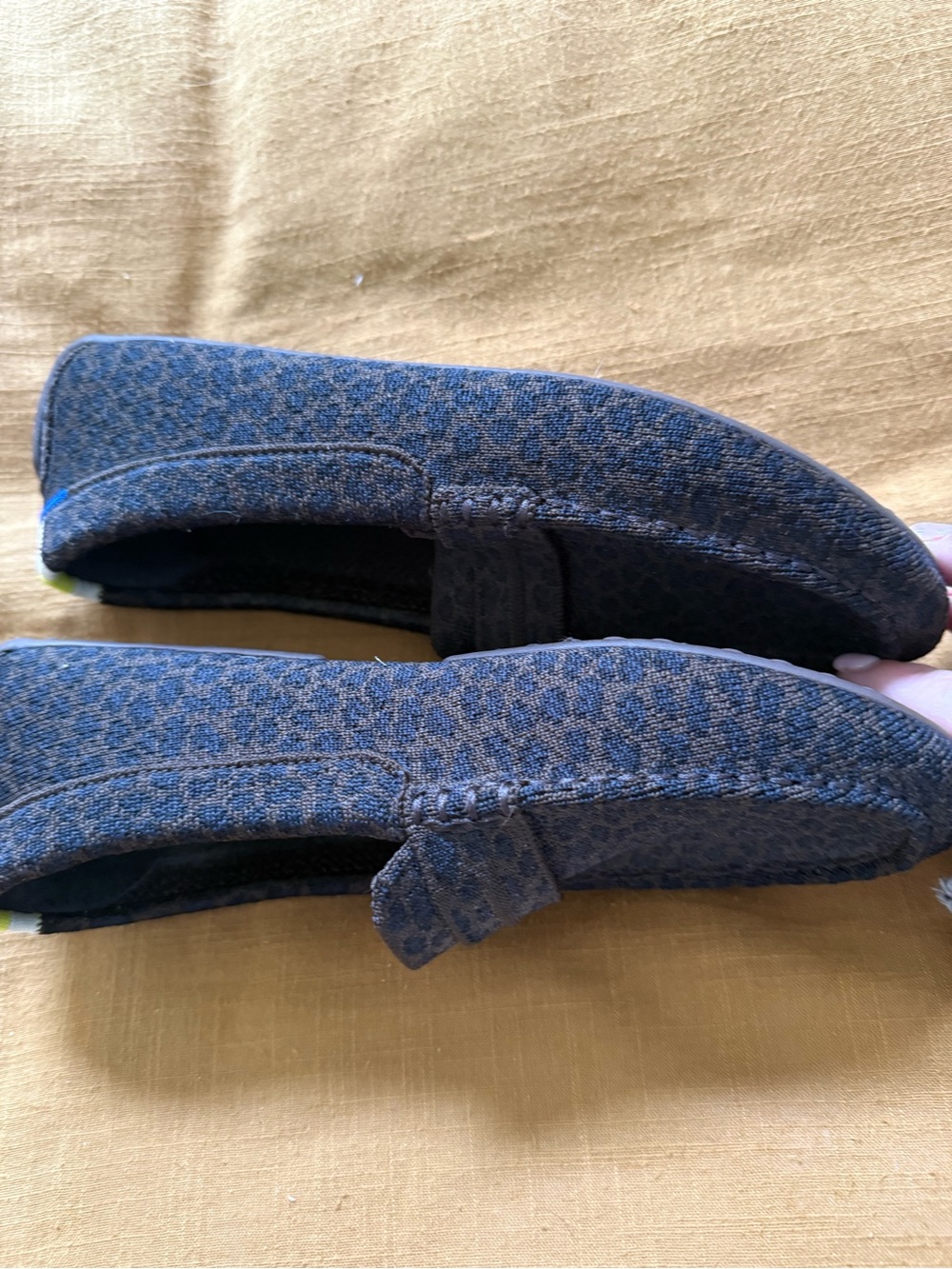 Rothy's Women’s Brown and Navy Leopard PrintKnit Loafers with Neon Green Insoles - Picture 3 of 7